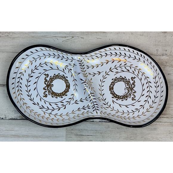MCM White & Gold On Black Glass Emily Troy Designs Divided Kidney Dish 10" - Picture 1 of 5
